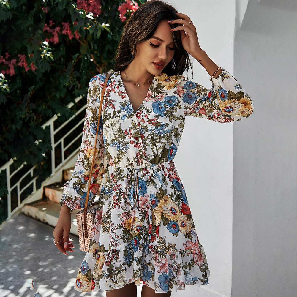Long Sleeve Chiffon Print Dress Women