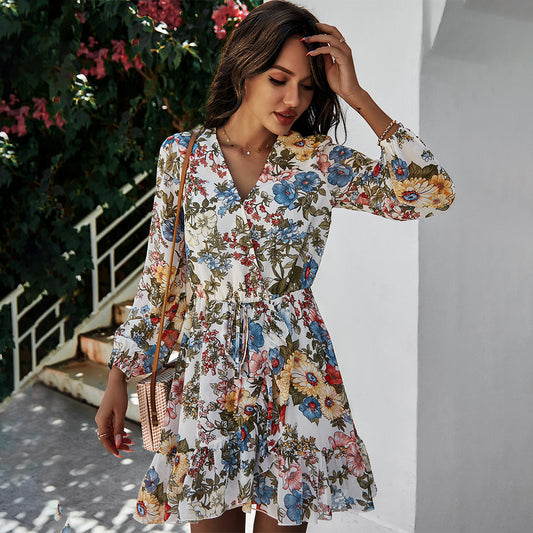 Long Sleeve Chiffon Print Dress Women