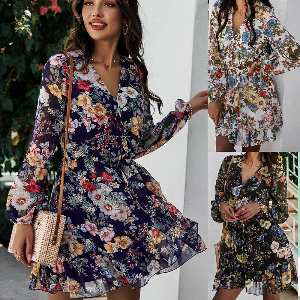 Long Sleeve Chiffon Print Dress Women