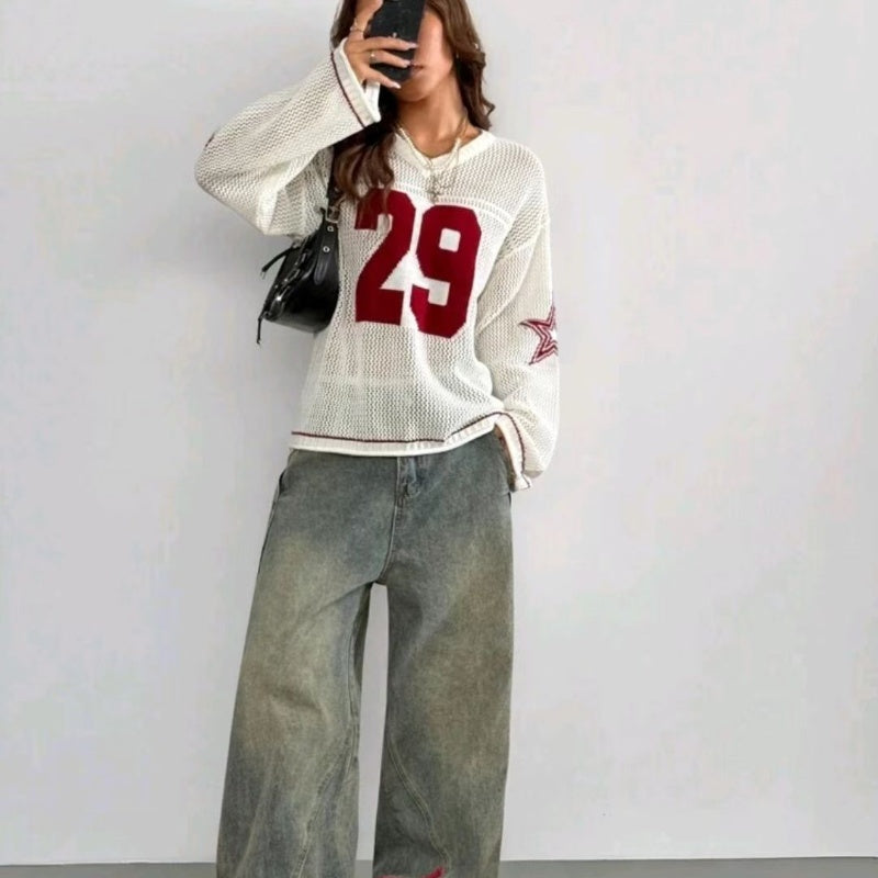 New Women's Knitted Striped Digital Print Blouse