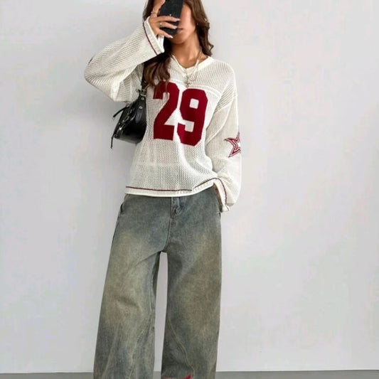 New Women's Knitted Striped Digital Print Blouse