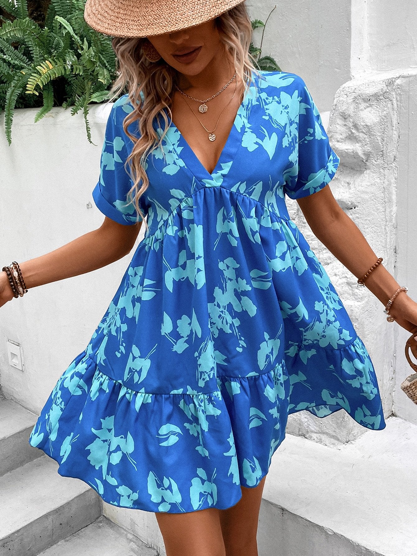 Print Batwing Sleeve Ruffle Hem Smock Dress Vacation Beach Outfits Women