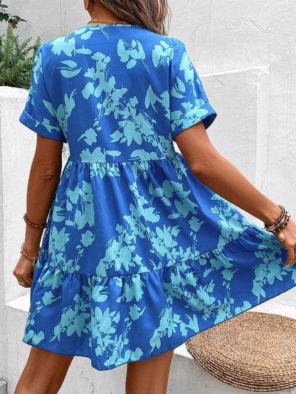 Print Batwing Sleeve Ruffle Hem Smock Dress Vacation Beach Outfits Women