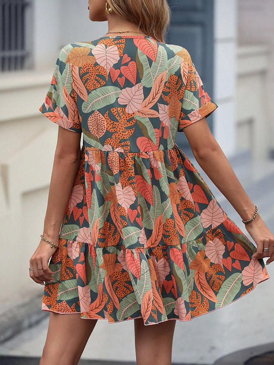 Print Batwing Sleeve Ruffle Hem Smock Dress Vacation Beach Outfits Women